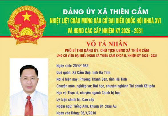 TIỂU SỬ TÓM TẮT ĐỒNG CHÍ  VÕ TÁ NHÂN - PHÓ BÍ THƯ ĐẢNG UỶ, CHỦ TỊCH UBND XÃ THIÊN CẦM ỨNG CỬ  ĐẠI BIỂU HĐND XÃ NHIỆM KỲ 2026-2031.